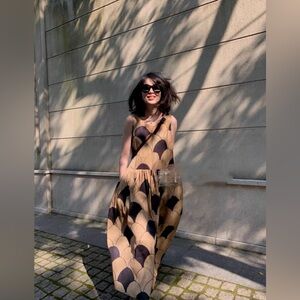 Uma Style Graphic Printed Sleeveless A-line Gathered Waist Smock Slip Midi Dress